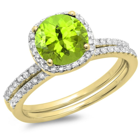 Dazzlingrock Collection 10K Round Cut Peridot & White Diamond Ladies Bridal Halo Engagement Ring Set, Yellow Gold, Size 10