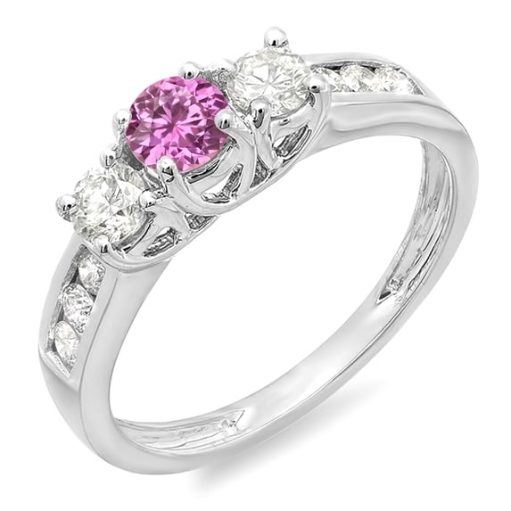 Dazzlingrock Collection 10K Round Cut Pink Sapphire & White Diamond Ladies 3 Stone Engagement Bridal Ring, White Gold, Size 5