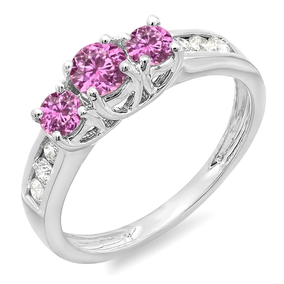 Dazzlingrock Collection 10K Round Cut Pink Sapphire & White Diamond Ladies 3 Stone Engagement Bridal Ring, White Gold, Size 7