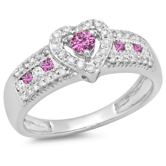 Dazzlingrock Collection 10K Round Cut Pink Sapphire & White Diamond Ladies Bridal Heart Engagement Ring, White Gold, Size 5.5