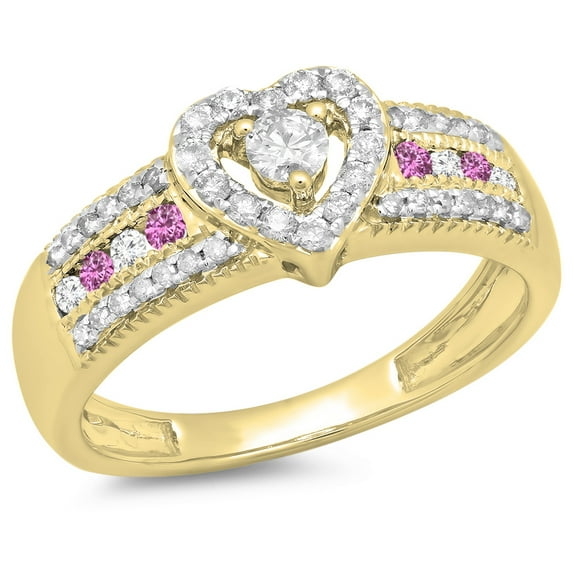 Dazzlingrock Collection 10K Round Cut Pink Sapphire & White Diamond Ladies Bridal Heart Engagement Ring, Yellow Gold, Size 10