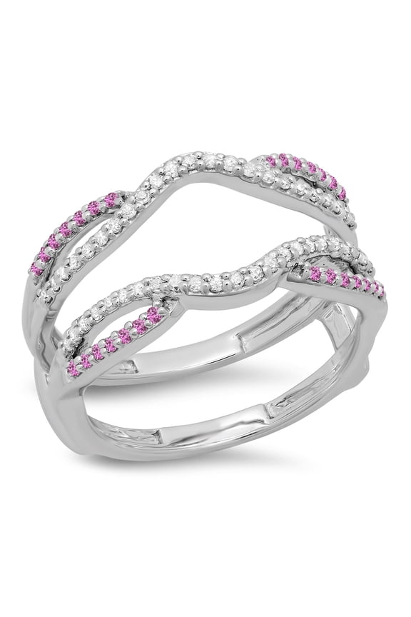Collection 10K Round Cut White Diamond & Pink Sapphire Ladies Wedding Band Guard Double Ring, White Gold, Size 6.5