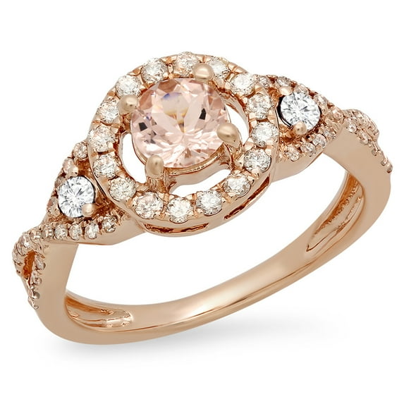 Dazzlingrock Collection 10K Round Morganite & White Diamond Ladies 3 Stone Halo Bridal Engagement Ring, Rose Gold, Size 8