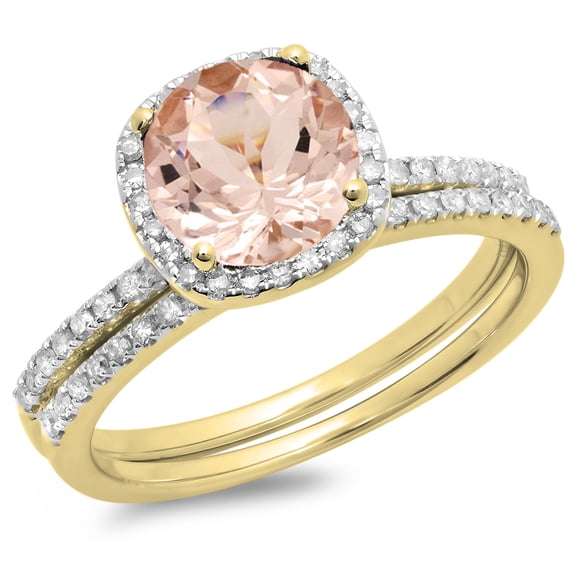 Dazzlingrock Collection 10K Round Morganite & White Diamond Ladies Bridal Halo Engagement Ring Set, Yellow Gold, Size 7.5