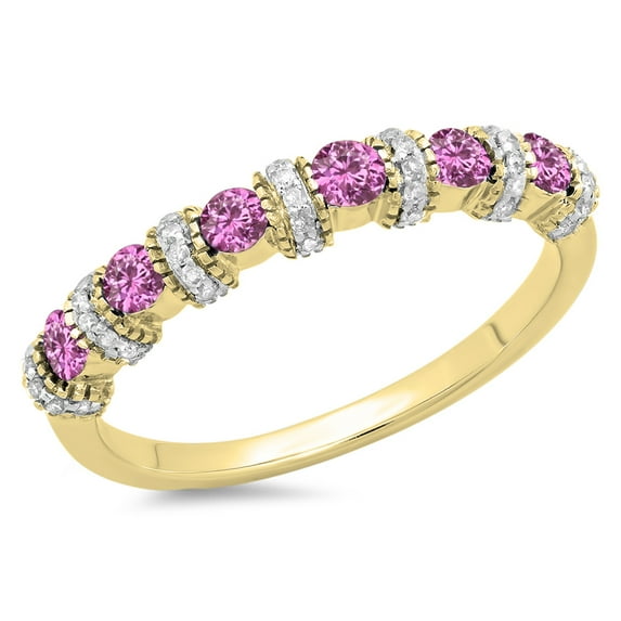 Dazzlingrock Collection 10K Round Pink Sapphire And Diamond Ladies Bridal Wedding Anniversary Band, Yellow Gold, Size 9.5
