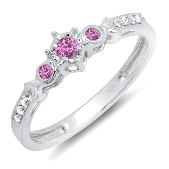 Dazzlingrock Collection 10K Round Pink Sapphire And White Diamond 3 Stone Bridal Engagement Promise Ring, White Gold, Size 9