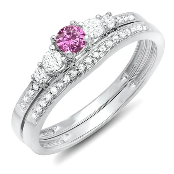 Dazzlingrock Collection 10K Round Pink Sapphire And White Diamond 5 Stone Bridal Engagement Ring Set, White Gold, Size 7.5