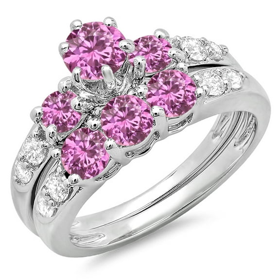 Dazzlingrock Collection 10K Round Pink Sapphire & White Diamond 3 Stone Bridal Engagement Ring Set, White Gold, Size 7