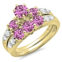 Dazzlingrock Collection 10K Round Pink Sapphire & White Diamond 3 Stone Bridal Engagement Ring Set, Yellow Gold, Size 7