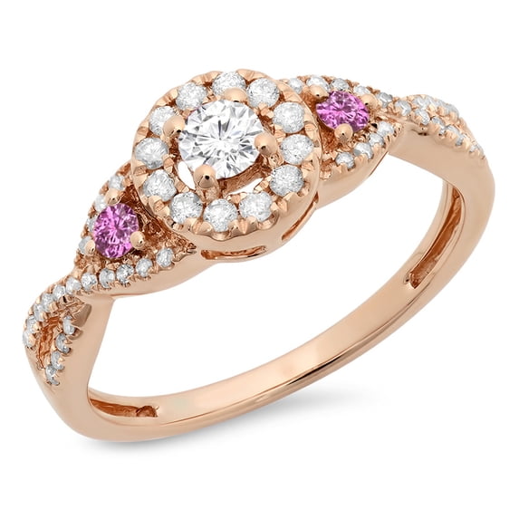 Dazzlingrock Collection 10K Round Pink Sapphire & White Diamond 3 Stone Swirl Halo Bridal Engagement Ring, Rose Gold, Size 9.5