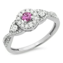 Dazzlingrock Collection 10K Round Pink Sapphire & White Diamond 3 Stone Swirl Halo Bridal Engagement Ring, White Gold, Size 4
