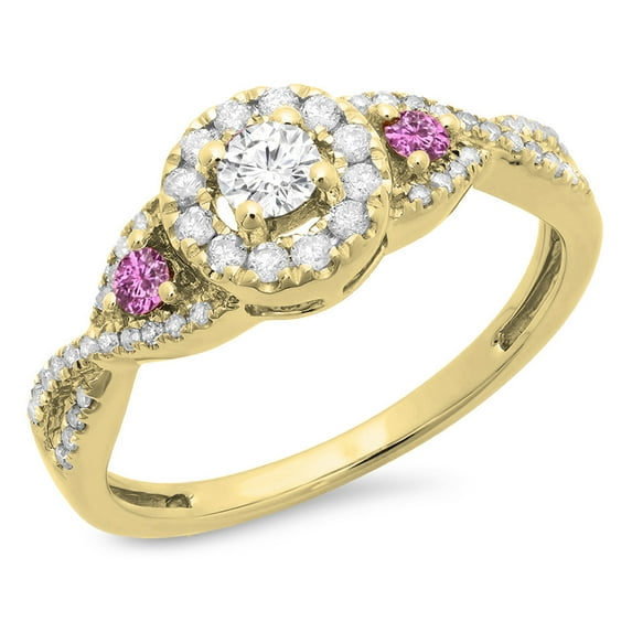 Dazzlingrock Collection 10K Round Pink Sapphire & White Diamond 3 Stone Swirl Halo Bridal Engagement Ring, Yellow Gold, Size 4.5