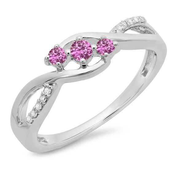 Dazzlingrock Collection 10K Round Pink Sapphire & White Diamond 3 Stone Swirl Split Shank Engagement Ring, White Gold, Size 5.5