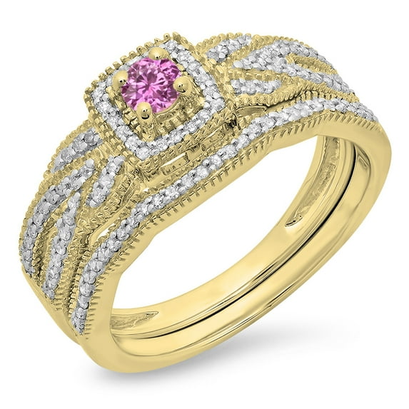 Dazzlingrock Collection 10K Round Pink Sapphire & White Diamond Bridal Halo Engagement Ring Set, Yellow Gold, Size 6.5