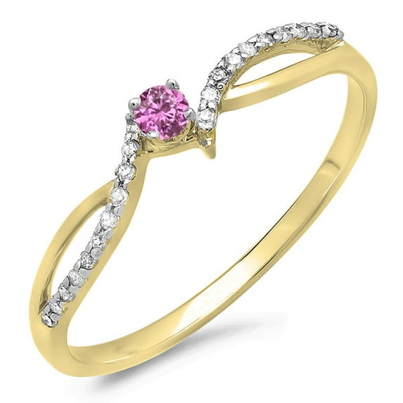 Dazzlingrock Collection 10K Round Pink Sapphire & White Diamond Crossover Split Shank Bridal Promise Ring, Yellow Gold, Size 8.5