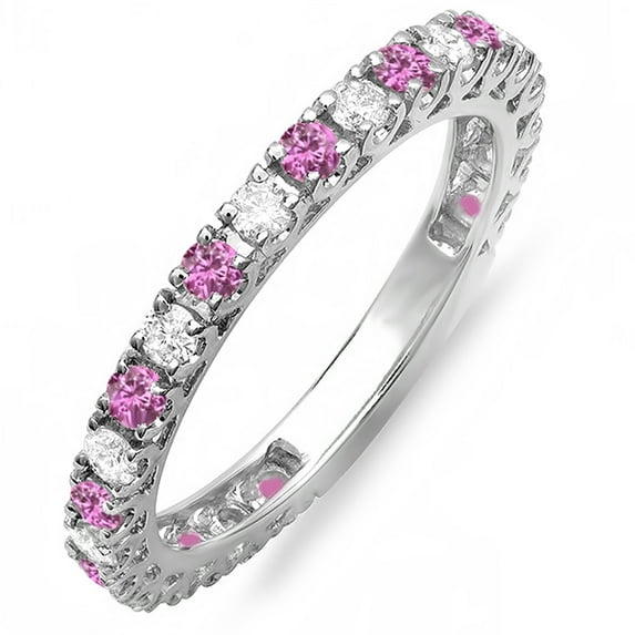 Dazzlingrock Collection 10K Round Pink Sapphire & White Diamond Eternity Sizeable Stackable Wedding Band, White Gold, Size 4