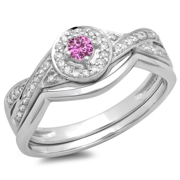 Dazzlingrock Collection 10K Round Pink Sapphire & White Diamond Ladies Bridal Halo Engagement Ring Set, White Gold, Size 6.5