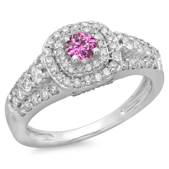 Dazzlingrock Collection 10K Round Pink Sapphire & White Diamond Ladies Bridal Halo Engagement Ring, White Gold, Size 7.5