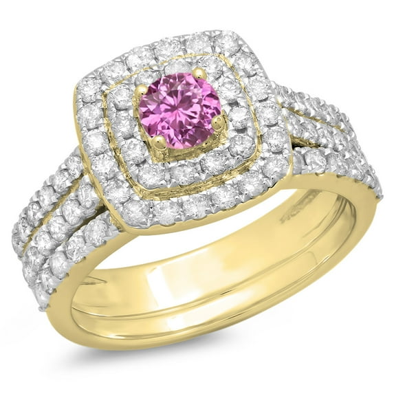 Dazzlingrock Collection 10K Round Pink Sapphire & White Diamond Ladies Halo Bridal Engagement Ring Set, Yellow Gold, Size 10