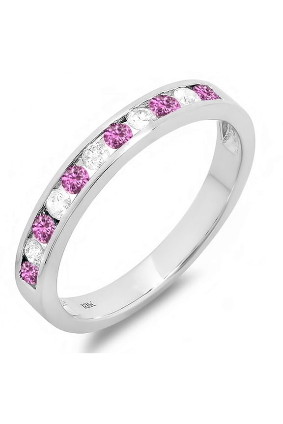 Collection 10K Round Pink Sapphire & White Diamond Ladies Wedding Stackable Ring Band, White Gold, Size 7