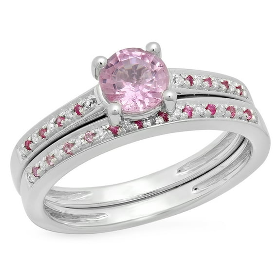 Dazzlingrock Collection 10K Round Pink Sapphire & White Diamond Solitaire With Accent Engagement Ring Set, White Gold, Size 6.5