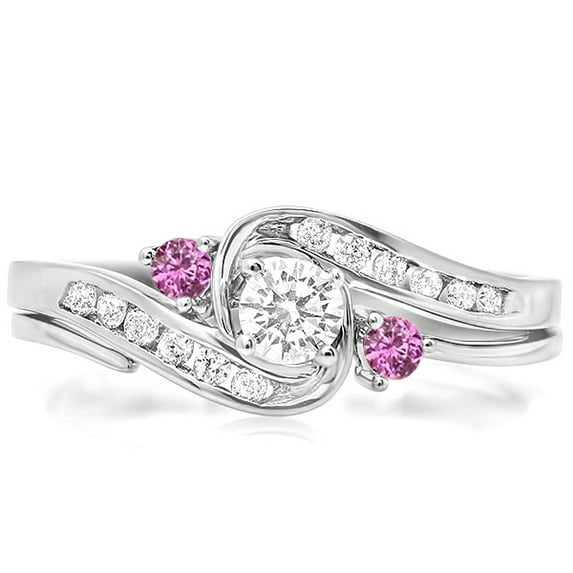 Dazzlingrock Collection 10K Round Pink Sapphire & White Diamond Swirl Bridal Engagement Ring With Band Set, White Gold, Size 7.5
