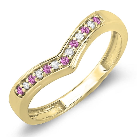 Dazzlingrock Collection 10K Round Pink Sapphire & White Diamond Wedding Stackable Band Guard Chevron Ring, Yellow Gold, Size 4