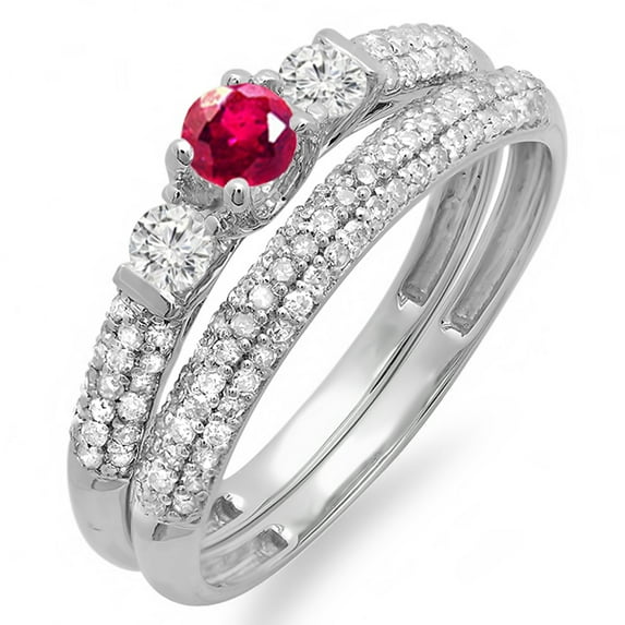 Dazzlingrock Collection 10K Round Ruby And White Diamond 3 Stone Ladies Bridal Engagement Wedding Band Set, White Gold, Size 7.5