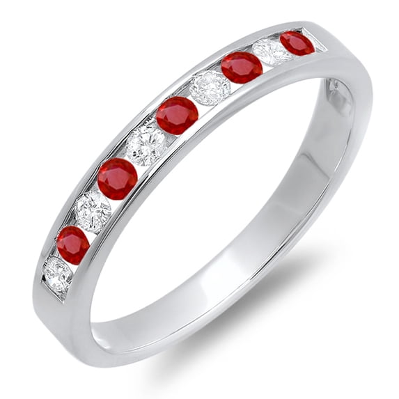 Dazzlingrock Collection 10K Round Ruby And White Diamond Ladies Anniversary Wedding Stackable Ring Band, White Gold, Size 9