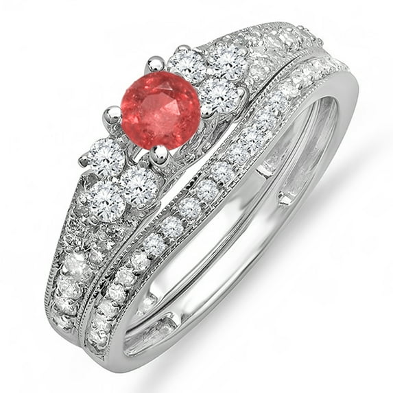 Dazzlingrock Collection 10K Round Ruby And White Diamond Ladies Bridal Engagement Ring Matching Band Set, White Gold, Size 6