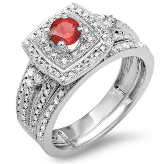 Dazzlingrock Collection 10K Round Ruby And White Diamond Ladies Bridal Engagement Ring Set With Matching Band, White Gold, Size 5