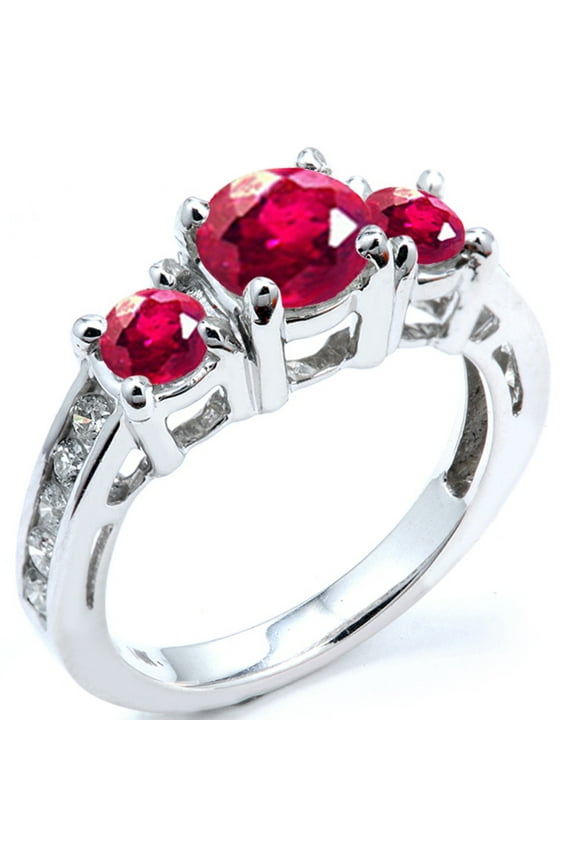 Collection 10K Round Ruby And White Diamond Ladies Bridal Engagement Ring, White Gold, Size 7