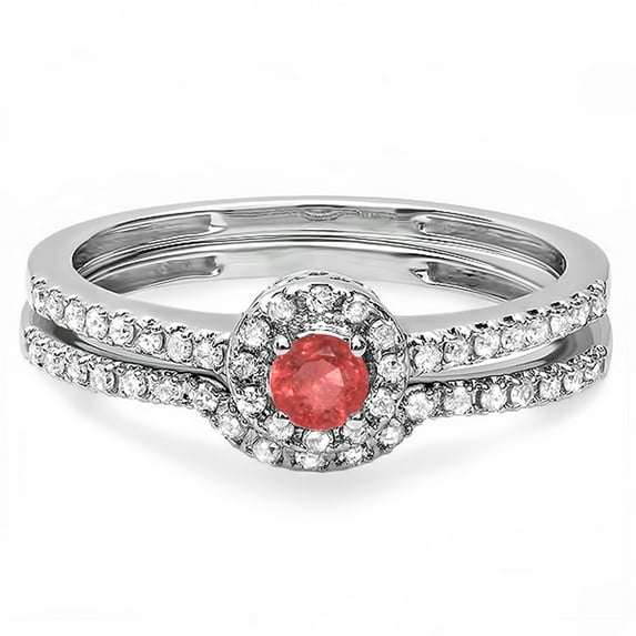 Dazzlingrock Collection 10K Round Ruby And White Diamond Ladies Halo Style Bridal Engagement Ring Band Set, White Gold, Size 7.5