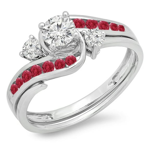 Dazzlingrock Collection 10K Round Ruby And White Diamond Ladies Swirl Bridal Engagement Ring Matching Band Set, White Gold, Size 7