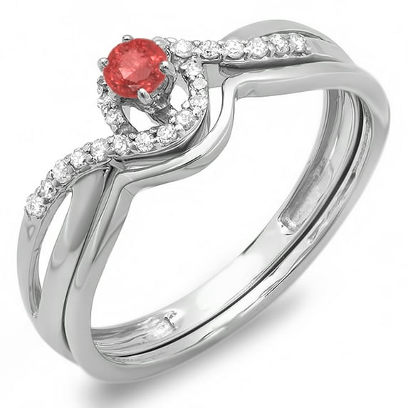 Dazzlingrock Collection 10K Round Ruby And White Diamond Swirl Crossover Bridal Engagement Ring Set, White Gold, Size 8.5