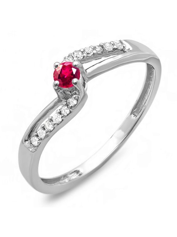 Collection 10K Round Ruby And White Diamond Wave Ladies Bridal Promise Engagement Ring, White Gold, Size 7