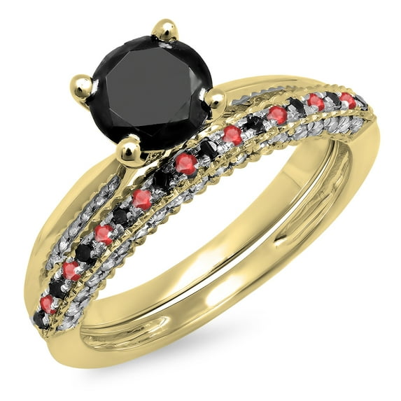 Dazzlingrock Collection 10K Round Ruby & Black Diamond Bridal Solitaire Engagement Ring Wedding Band Set, Yellow Gold, Size 8