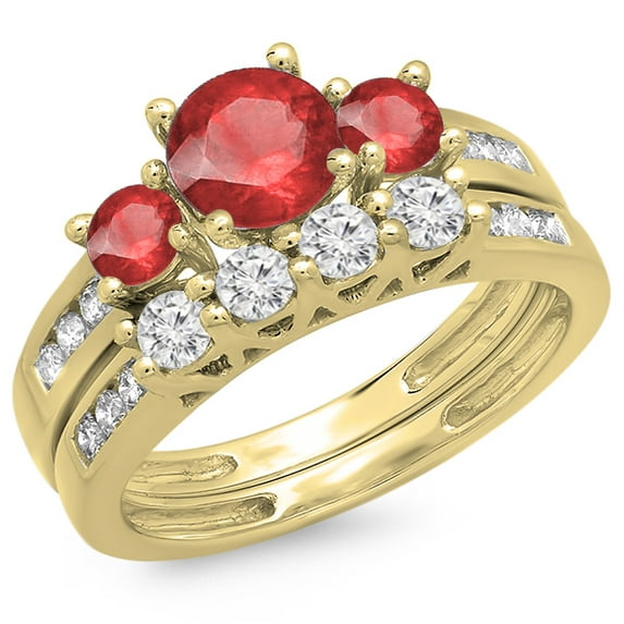 Dazzlingrock Collection 10K Round Ruby & White Diamond Bridal 3 Stone Engagement Ring Matching Band Set, Yellow Gold, Size 9