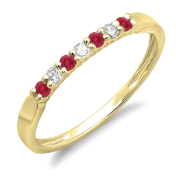 Dazzlingrock Collection 10K Round Ruby & White Diamond Ladies 7 Stone Wedding Stackable Band, Yellow Gold, Size 8.5
