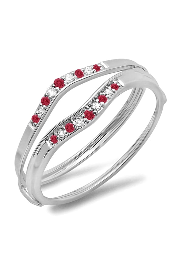 Collection 10K Round Ruby & White Diamond Ladies Anniversary Enhancer Guard Wedding Band, White Gold, Size 8.5