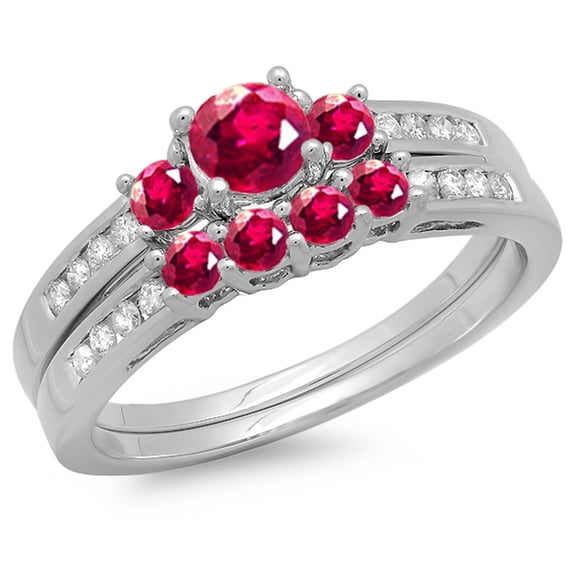 Dazzlingrock Collection 10K Round Ruby & White Diamond Ladies Bridal Engagement Ring Matching Band Set, White Gold, Size 8