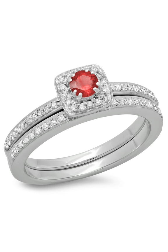 Collection 10K Round Ruby & White Diamond Ladies Bridal Halo Engagement Ring Set, White Gold, Size 9