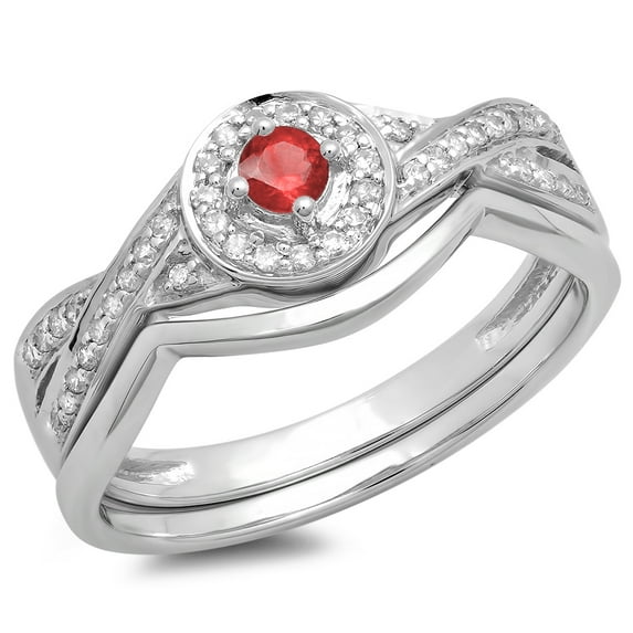 Dazzlingrock Collection 10K Round Ruby & White Diamond Ladies Bridal Halo Split Shank Engagement Ring Set, White Gold, Size 7