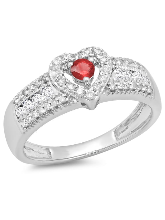 Collection 10K Round Ruby & White Diamond Ladies Bridal Heart Shaped Promise Engagement Ring, White Gold, Size 6.5