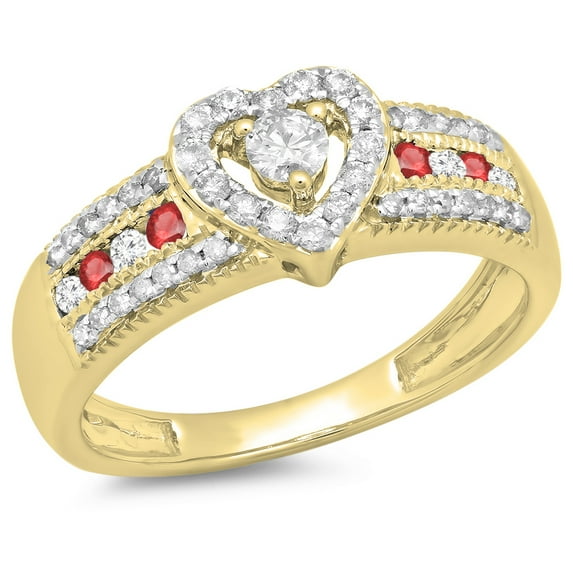 Dazzlingrock Collection 10K Round Ruby & White Diamond Ladies Bridal Heart Shaped Promise Engagement Ring, Yellow Gold, Size 7