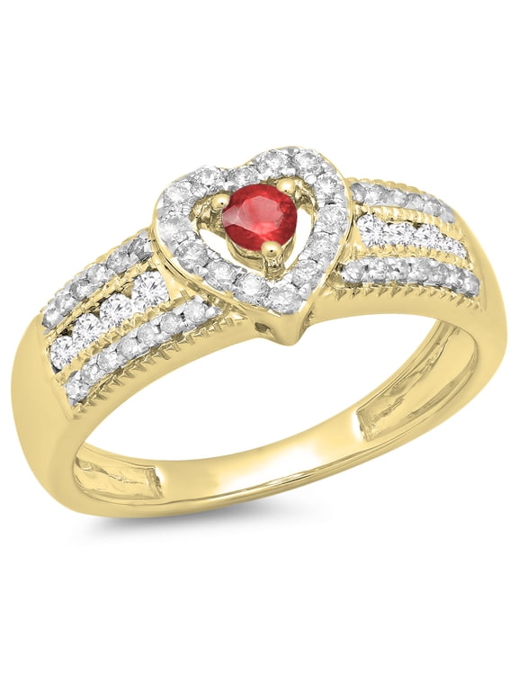 Collection 10K Round Ruby & White Diamond Ladies Bridal Heart Shaped Promise Engagement Ring, Yellow Gold, Size 7