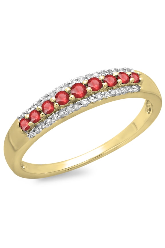 Collection 10K Round Ruby & White Diamond Ladies Wedding Band Stackable Ring, Yellow Gold, Size 7