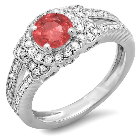 Dazzlingrock Collection 10K Round Ruby & White Diamond Split Shank Halo Vintage Bridal Ring, White Gold, Size 5