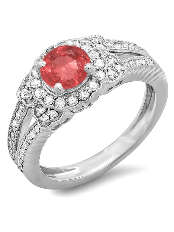 Collection 10K Round Ruby & White Diamond Split Shank Halo Vintage Bridal Ring, White Gold, Size 6