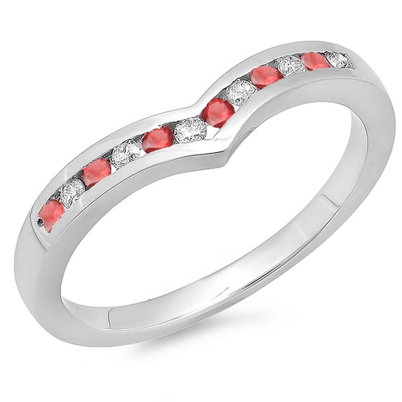 Dazzlingrock Collection 10K Round Ruby & White Diamond Wedding Stackable Band Guard Chevron Ring, White Gold, Size 4